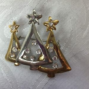 Christmas Trees Brooch Silver Gold Tone Metal
